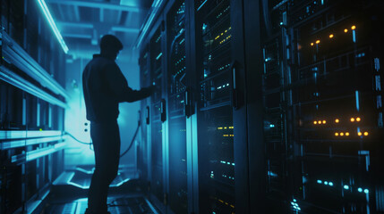 It technician working on a server in a modern data center with neon lights