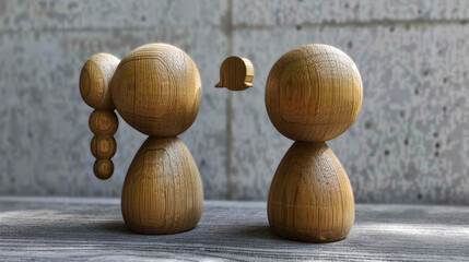 Wooden figures communicating with speech bubble on gray background