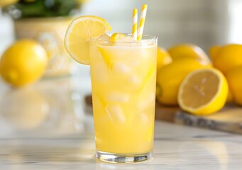 Fototapeta premium Glass of Lemonade with Lemon Wedges and Straws