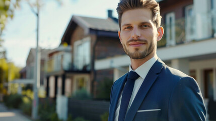 Real estate agent smiling in front of houses for sale