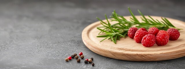  Raspberries and leaves on a wooden plate against a gray background Peppercorns sprigs in the foreground