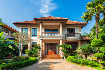 Fototapeta premium Elegant Tropical Home with Lush Garden and Classic Architecture