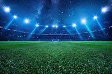 A nighttime view of an empty soccer stadium with illuminated lights shining on the grass field. Generative AI