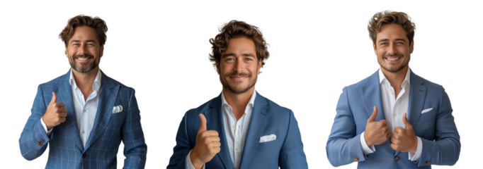 Young happy businessman wearing suit and giving thumbs up. Handsome men approving doing positive gesture with hand, thumbs up smiling and happy for success. Winner gesture.