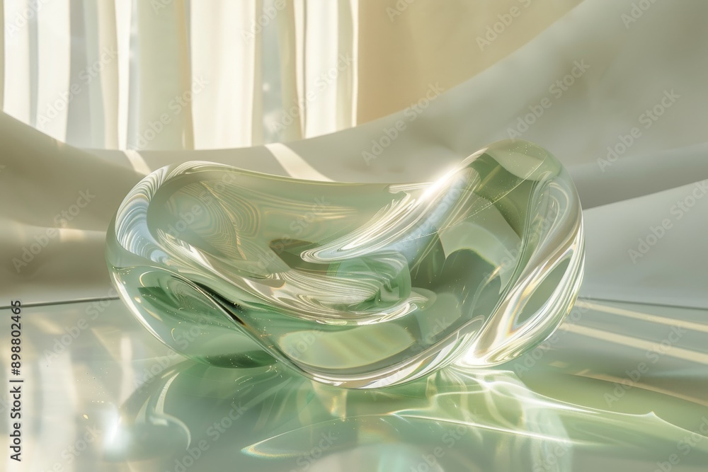 Poster close-up of a floating green abstract object with natural light and reflections