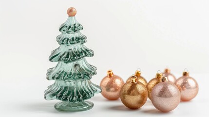 Green fur tree glass figurine with gold pink Christmas balls on a white background