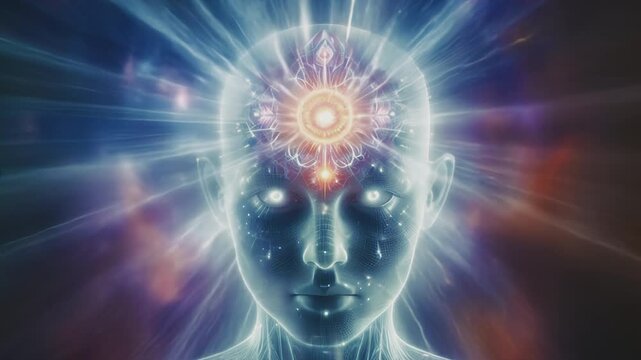 Meditating person head with visible chakras and cosmic energies and auras. Cinematic vfx animation. Enlightenment, satori concepts.