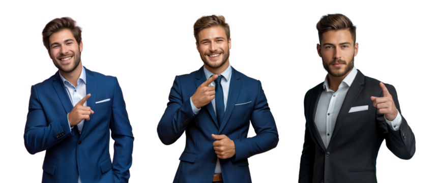 Look here. Check this out. Business, advertising and people concept - friendly young businessman pointing finger to something. Isolated background, png