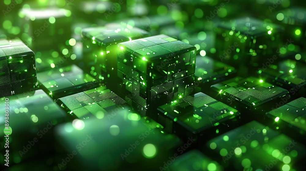 Poster a cluster of green cubes surrounded by smaller ones, centered in the image