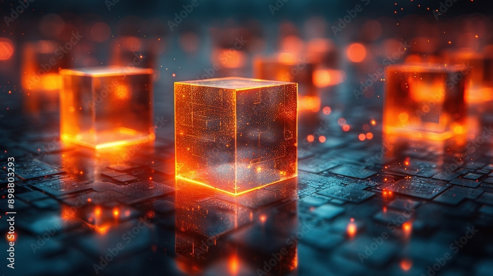 Poster a cluster of radiant cubes perched atop a computer keyboard against a backdrop of azure and orange