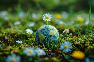 A miniature Earth globe with a blooming red flower on top surrounded by moss and green plants This image symbolizes the connection between our planet and nature emphasizing growth and harmony
