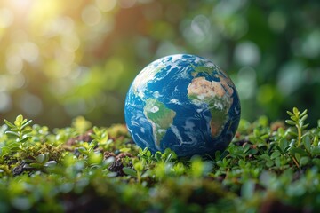 A detailed model of Earth sits among lush green plants with sunlight illuminating the scene The vibrant colors and natural setting highlight environmental conservation and global awareness