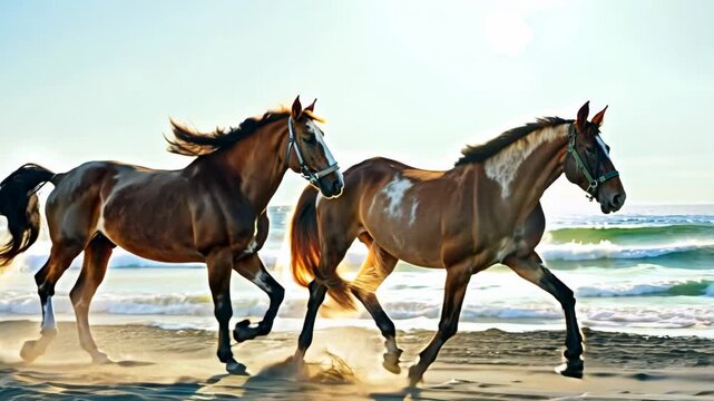 camera tracks two horses running side by side along a sandy beach, parallel to the ocean. With clear blue skies and sunlight reflecting off the waves, their manes and tails flow freely in the wind