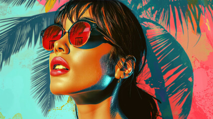 Obraz premium pop art collage of a brunette model girl with peculiar sunglasses on a palm tree summer beach vibe background, colorful abstract theme concept, generative ai illustration