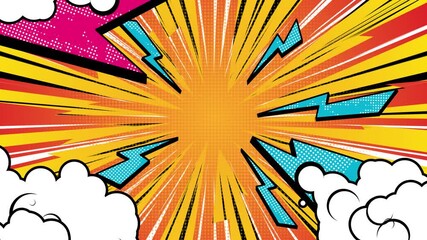 Looping retro comic burst animation featuring vibrant sunburst rays, halftone effects, and dynamic pop art style, perfect for energetic backgrounds or intros. - Powered by Adobe