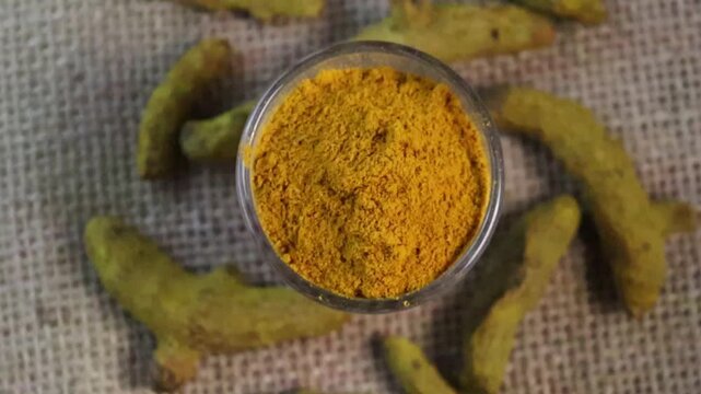 Turmeric powder in bowl and turmeric root spinning on table, curcuma, stock footage video 4k. top view. close up view. 