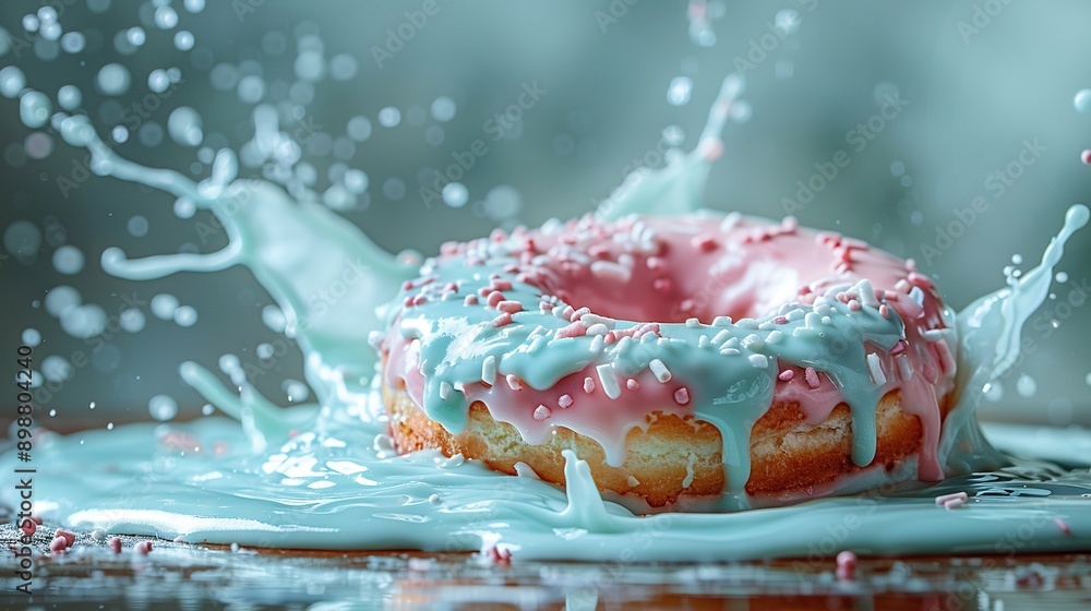 Poster close-up image of a doughnut with icing and sprinkles on a table with water droplets