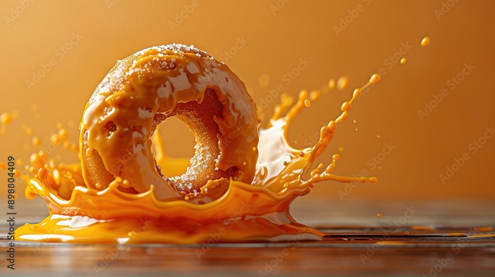 Poster an orange-colored background with a table and a glazed donut with orange juice oozing from its hole