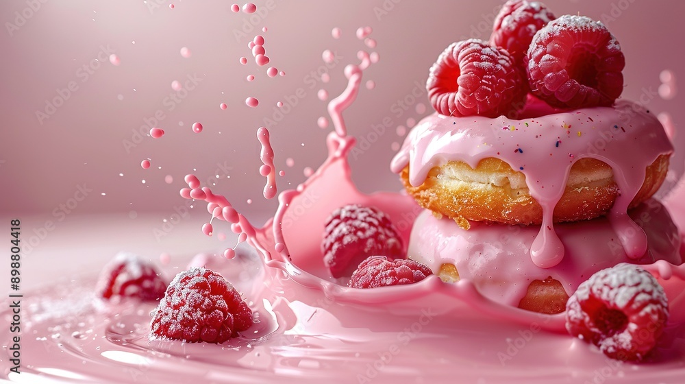 Poster a close-up of a raspberry-topped doughnut with milk splashing nearby