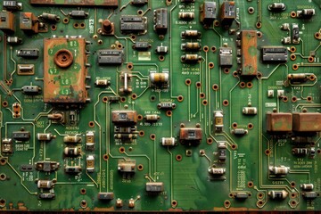 Close up of an old circuit board with vintage components showcasing retro technology