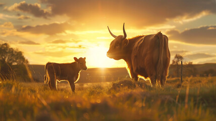 A cute adult and highland cow is standing in in pasture during sunset with a beautiful skyscape; a spring background with copy space and sun rays 
