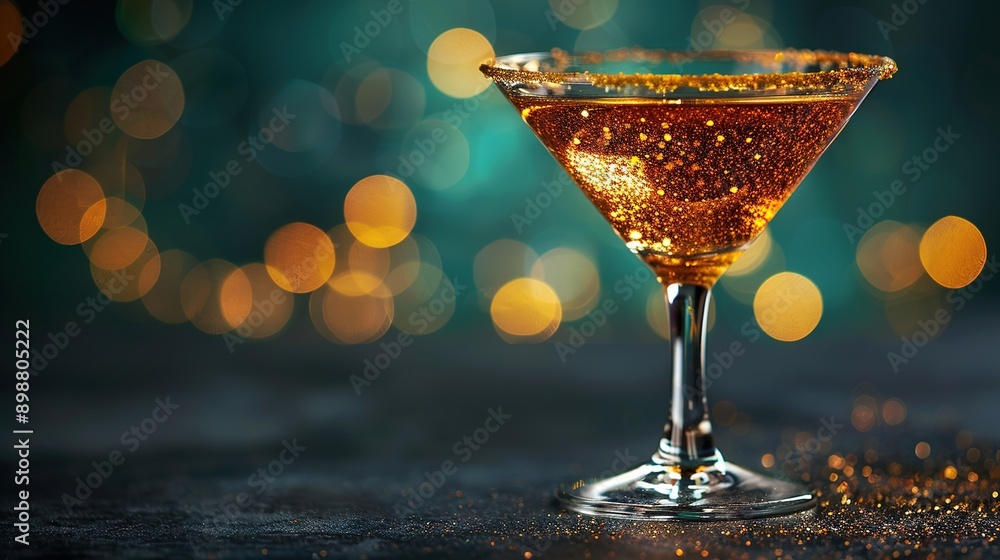 Poster a detailed view of a golden liquid within a transparent container with numerous flecks of gold at th