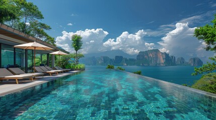 Fototapeta premium Pool Overlooks Ocean and Mountains