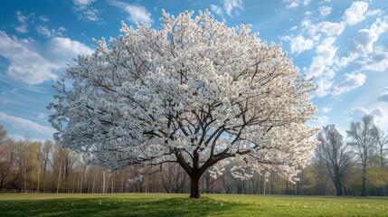 Obraz premium Cherry tree in bloom with lush white blossoms in sunny park setting