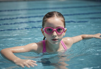  A young girl learning to swim in a pool. 