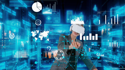 Woman reporter explaining dynamic market data calculated analysis pointing big data business by VR innovation interface digital infographic network technology visual hologram animation. Contraption.