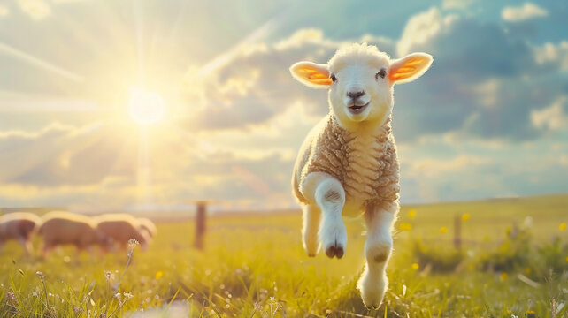 A cute baby sheep jumping in in a meadow during the day with a beautiful skyscape; a spring background with copy space and sun rays 