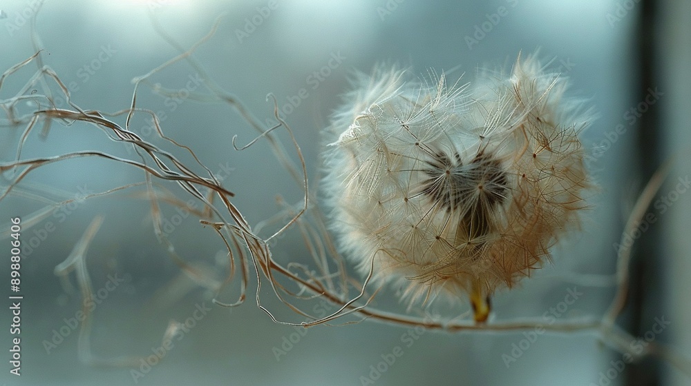 Poster close-up of a dandelion on a branch with water in the background and blurry background