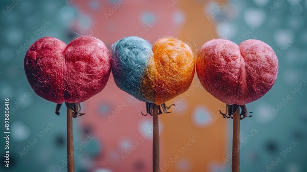 Poster three yarn skewers stacked on top of each other in front of a pink-blue background with bubbles