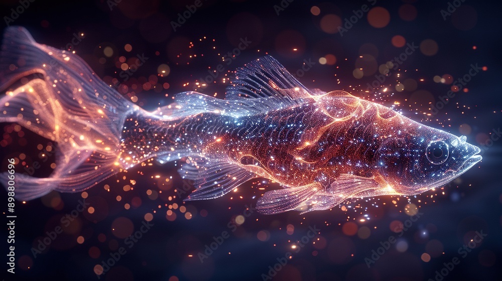 Poster a levitating fish with an array of lights on its back and tail