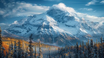 Majestic snow covered mountain surrounded by autumn forest at sunrise