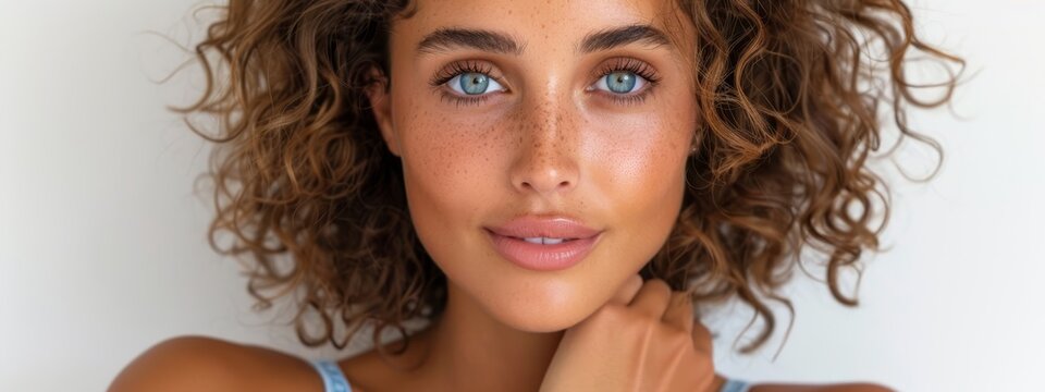 frizzy hair framing it, blue eyes bright within Frizze lingers subtly on her cheeks