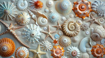 Handmade crafts displaying unique textures of sea shells and starfish