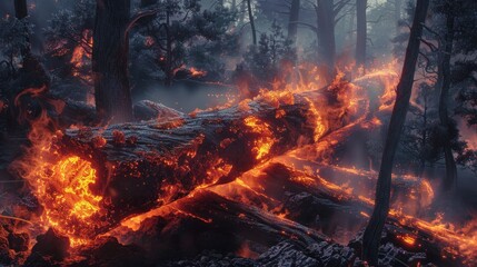 Flaming logs burning in a dense forest during early evening