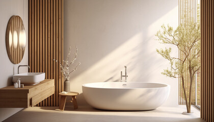 Fototapeta premium Bright Japandi bathroom light wood tones with empty frame