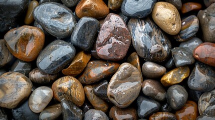 Naklejka premium Colorful pebbles covering the ground near the shore on a cloudy day