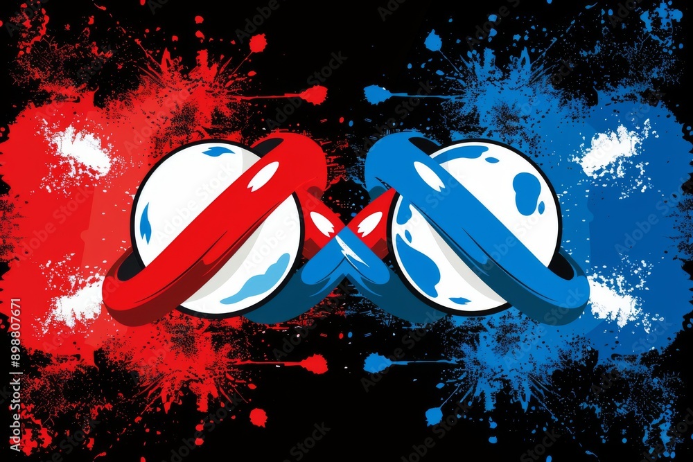 Poster dynamic graphic of two abstract shapes in red and blue representing a clash of ideas and creativity 