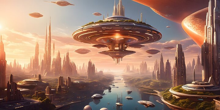 A spaceship navigates through a futuristic cityscape with intergalactic structures and floating islands, bathed in the glow of a setting sun.