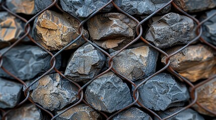 Close up of gabion stone filled metal mesh fence