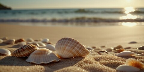 A serene coastline scene with a collection of seashells scattered on the sand, gentle waves rolling onto the shore under a calm sky.