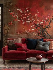 cozy living room with a beige carpet on the floor, antique red wall paint screen with Chinese calligraphy painting and sofa and a coffee table next to wooden  standing lamp beside the  blossom flower