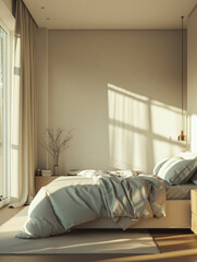 interior of a hotel room bed in the bedroom sunlight coming in from the window made the shade of the flower in the vase 