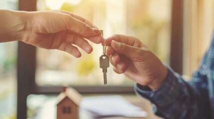Close-up of two hands exchanging house keys, symbolizing real estate transactions or new home ownership.