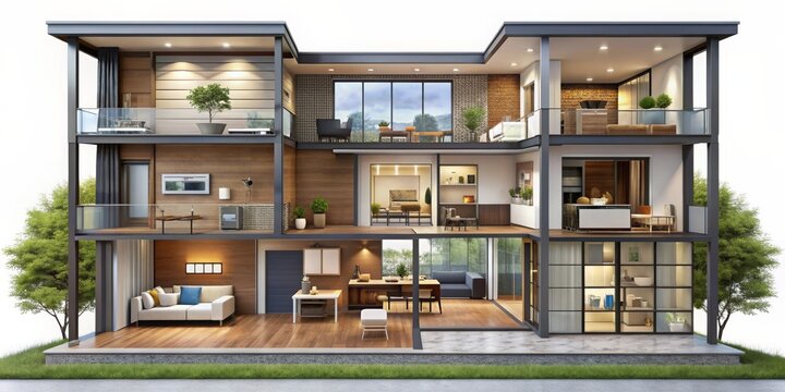 Modern house cutaway revealing interior spaces, architectural rendering, modern, house, cutaway, interior