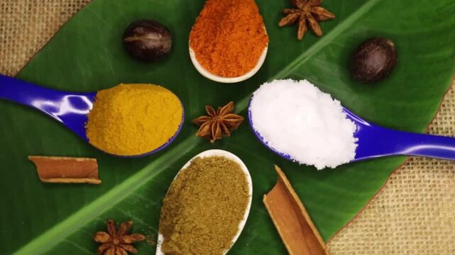 Main Indian cooking ingredients like turmeric, red chili, cumin and coriander power, salt with mixed spice spinning display. Group of Indian curry spices and herbs. 