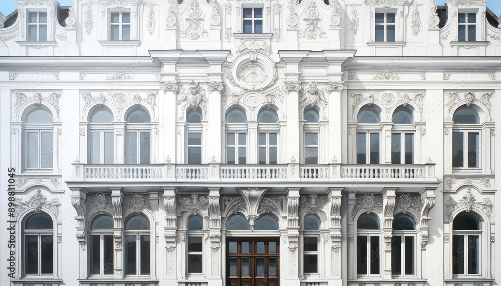 Poster facade of a renaissance building  of the assumption of our person with many detailed arches in Rome, Italy , white background  